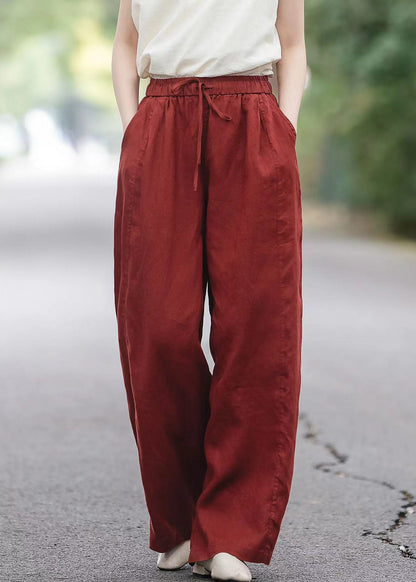 Boutique Red Pockets Elastic Waist Linen Pants Summer