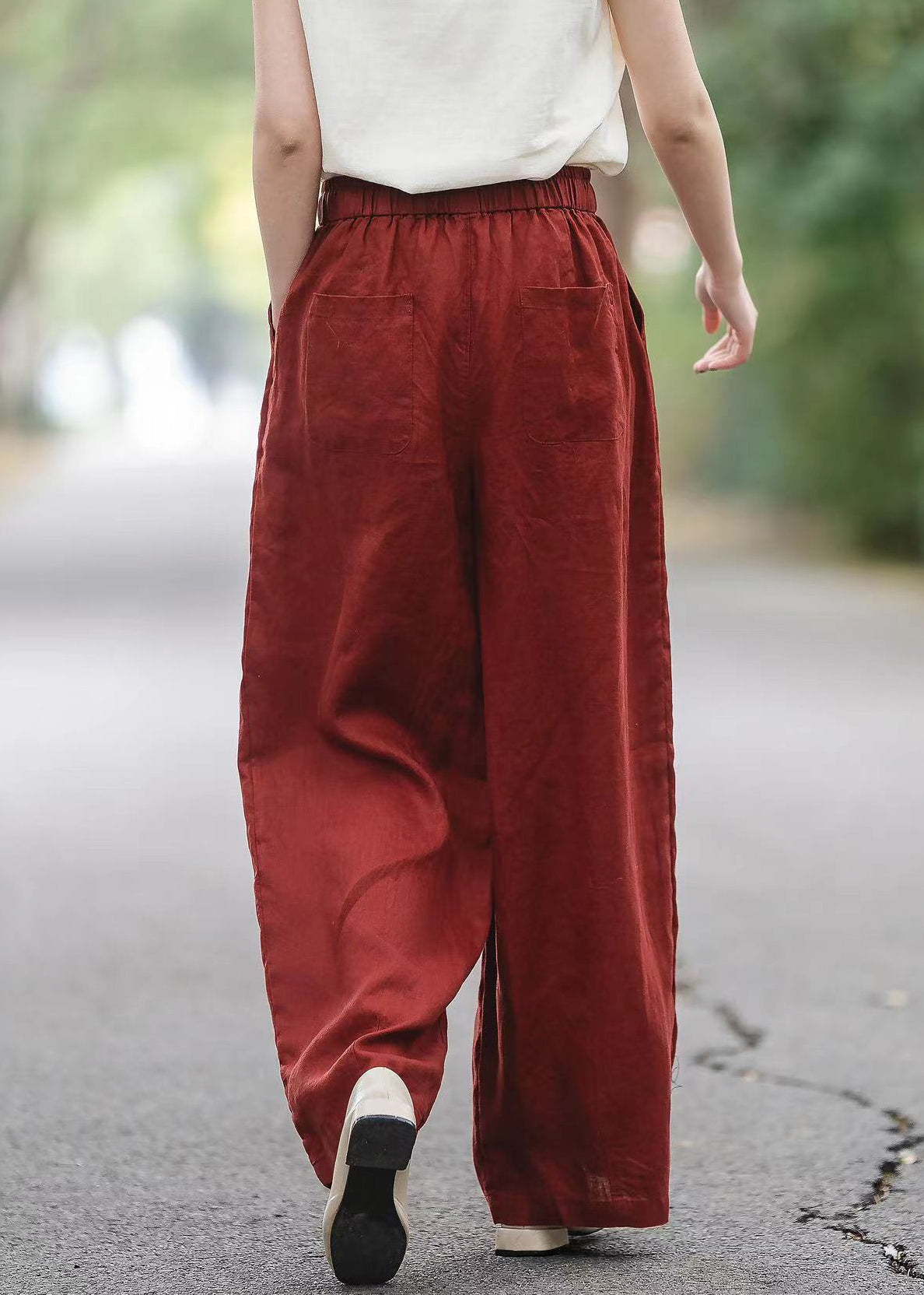 Boutique Red Pockets Elastic Waist Linen Pants Summer
