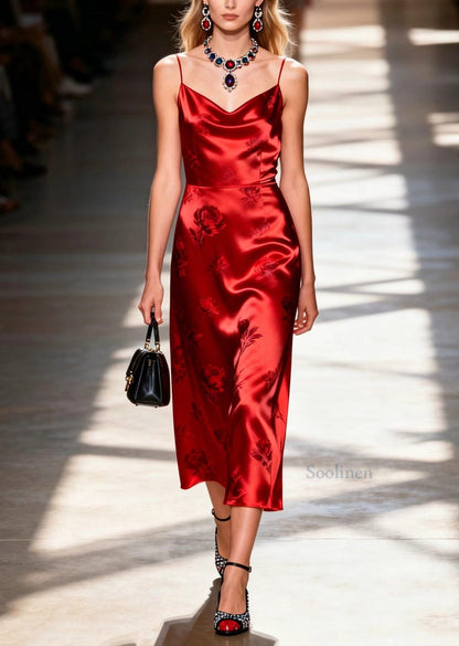 Boutique Red Print Silk Spaghetti Strap Dress Summer