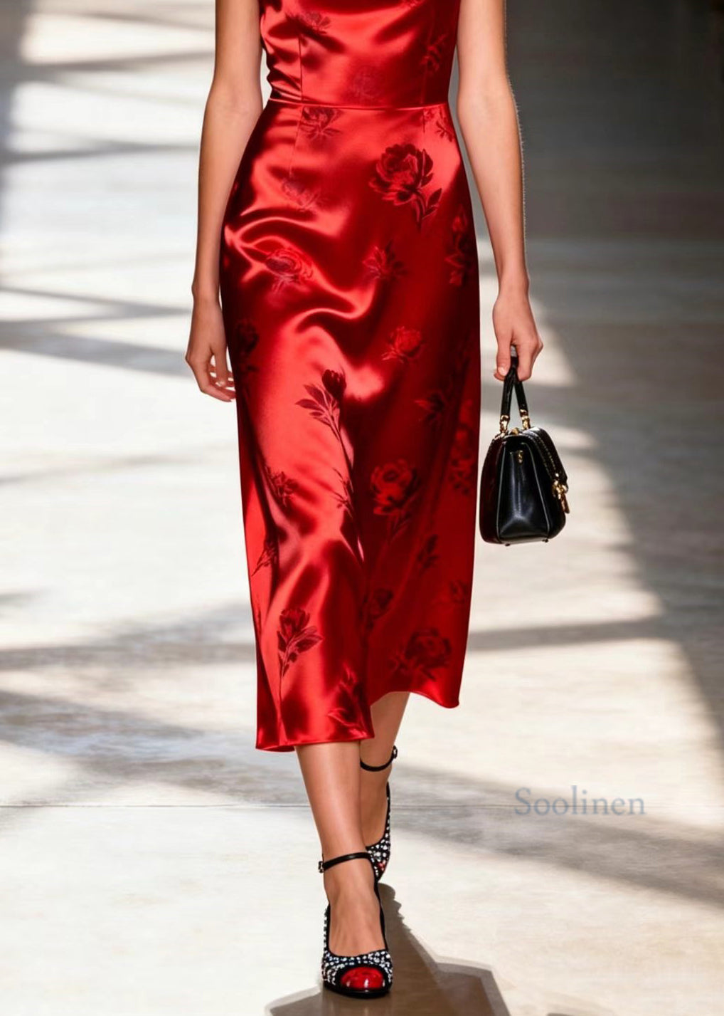 Boutique Red Print Silk Spaghetti Strap Dress Summer