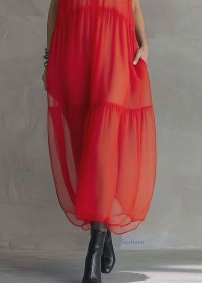 Boutique Red Ruffled Patchwork Chiffon Long Dress Sleeveless