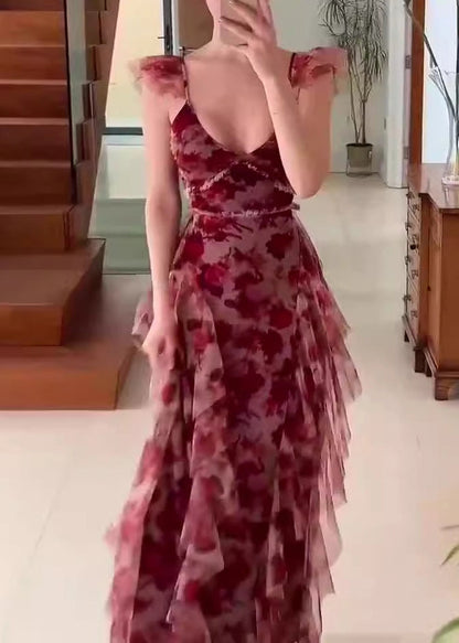 Boutique Red Ruffled Print Patchwork Chiffon Dress Summer
