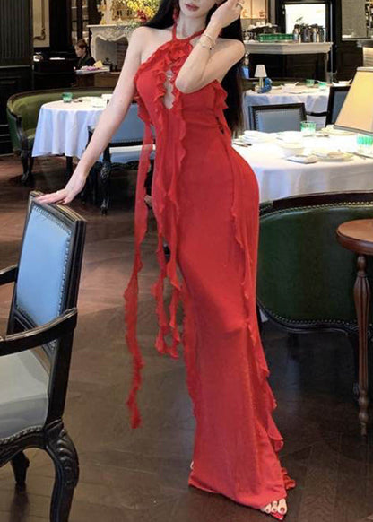 Boutique Red Ruffled Sexy Halter Backless Long Dress Summer