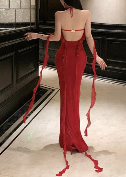 Boutique Red Ruffled Sexy Halter Backless Long Dress Summer