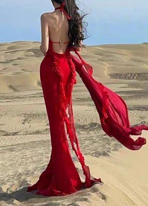 Boutique Red Ruffled Sexy Halter Backless Long Dress Summer