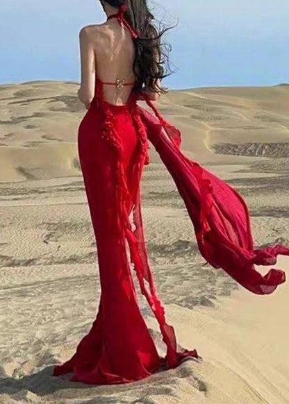 Boutique Red Ruffled Sexy Halter Backless Long Dress Summer