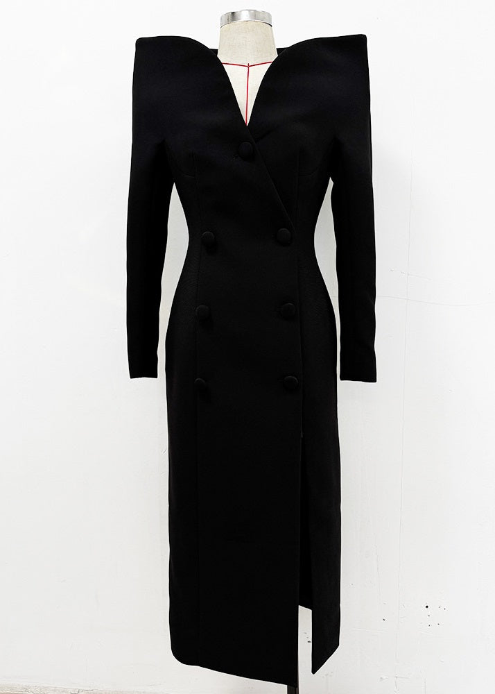 Vestido Boutique Rojo con Cuello Barco, Doble Botonadura, Abertura Lateral, Primavera