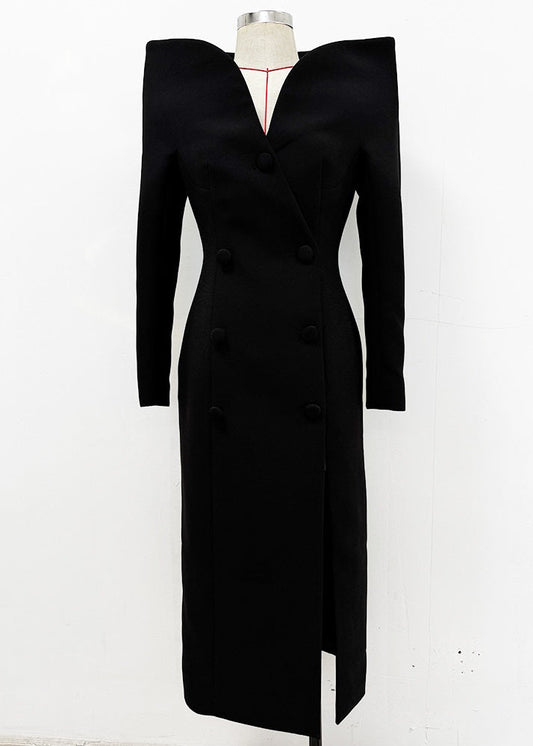 Vestido Boutique Rojo con Cuello Barco, Doble Botonadura, Abertura Lateral, Primavera