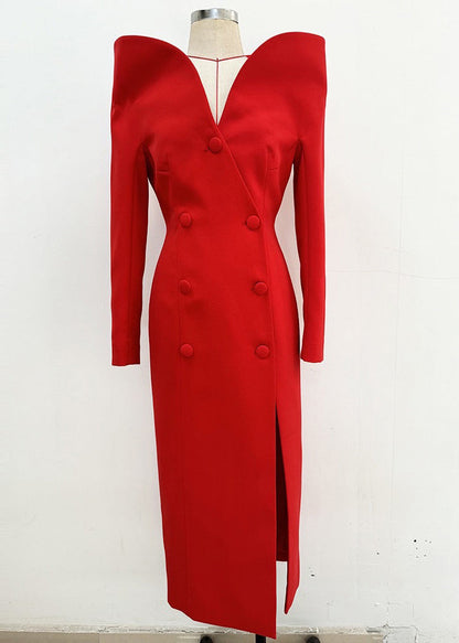 Vestido Boutique Rojo con Cuello Barco, Doble Botonadura, Abertura Lateral, Primavera