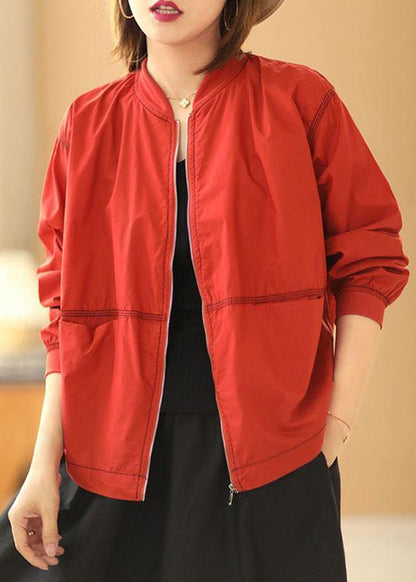 Boutique Red Stand Collar Zippered Pockets Fall Jacket Long Sleeve - SooLinen