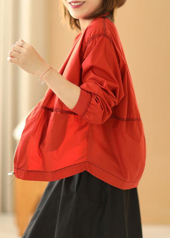 Boutique Red Stand Collar Zippered Pockets Fall Jacket Long Sleeve - SooLinen