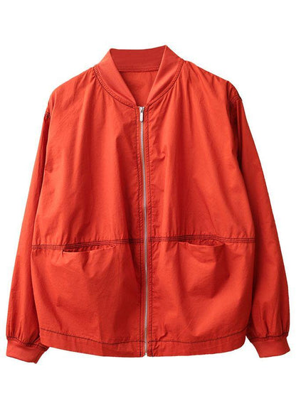 Boutique Red Stand Collar Zippered Pockets Fall Jacket Long Sleeve - SooLinen