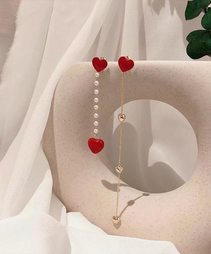 Pendientes colgantes con borlas de amor asimétricas Prarl de plata esterlina roja dorada de boutique