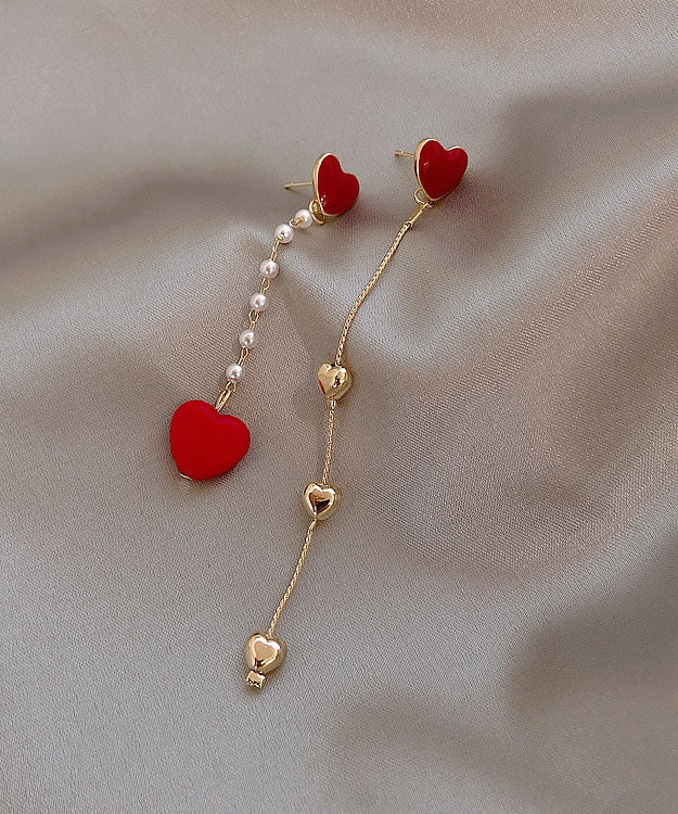 Pendientes colgantes con borlas de amor asimétricas Prarl de plata esterlina roja dorada de boutique