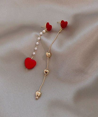 Pendientes colgantes con borlas de amor asimétricas Prarl de plata esterlina roja dorada de boutique