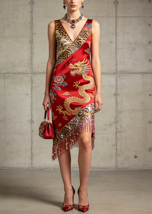 Boutique Red Tasseled Print Silk Robe Dresses Summer