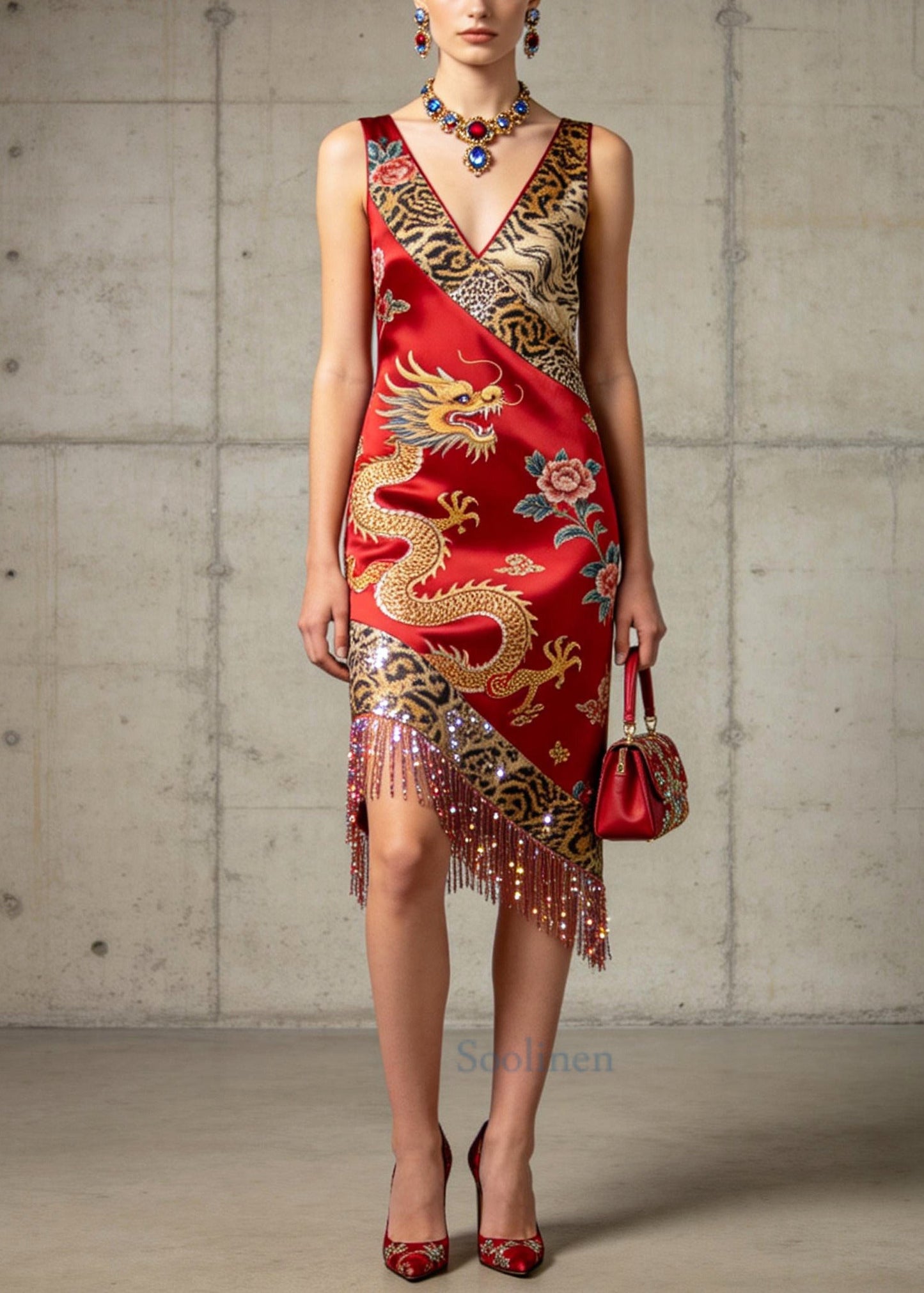 Boutique Red Tasseled Print Silk Robe Dresses Summer