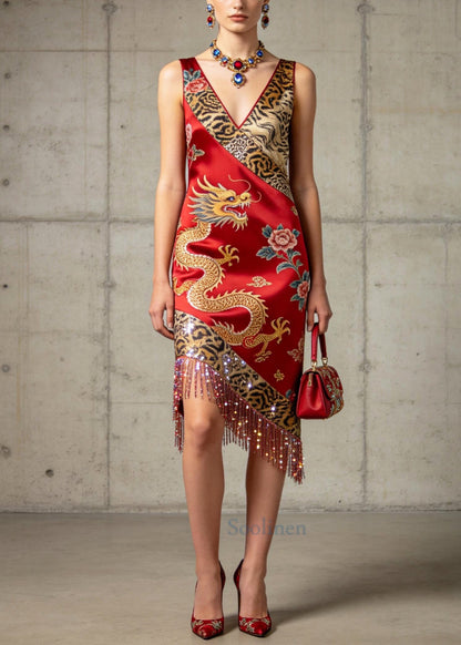 Boutique Red Tasseled Print Silk Robe Dresses Summer