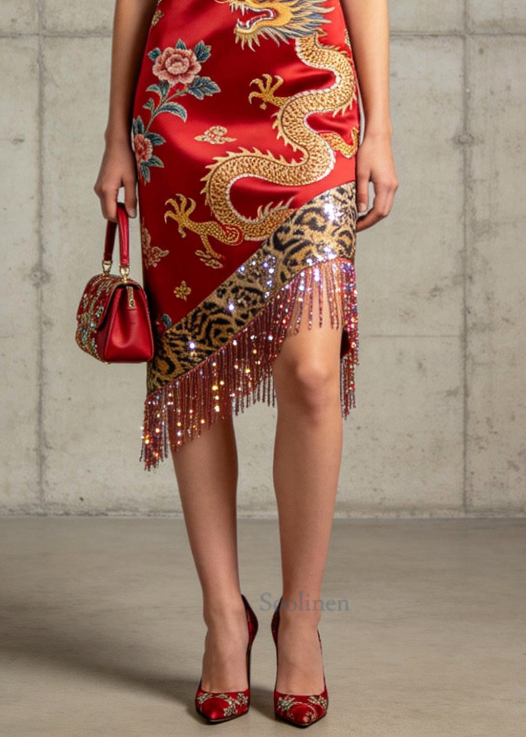 Boutique Red Tasseled Print Silk Robe Dresses Summer