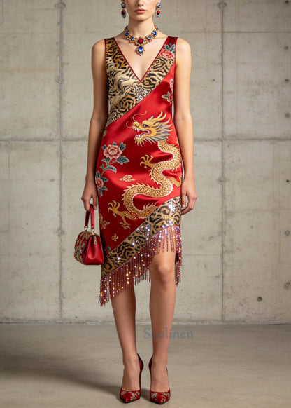 Boutique Red Tasseled Print Silk Robe Dresses Summer