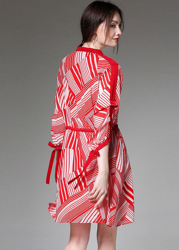 Boutique Rotes Chiffon-Kleid mit Bindegürtel und Print, halblange Ärmel, für den Herbst