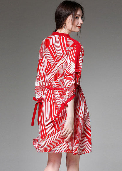 Boutique Rotes Chiffon-Kleid mit Bindegürtel und Print, halblange Ärmel, für den Herbst