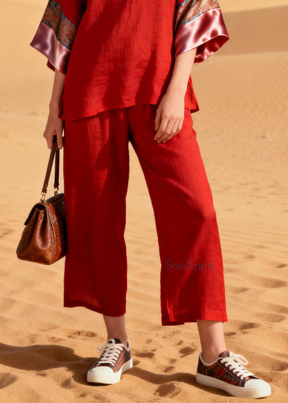 Boutique Red V Neck Patchwork Cotton Oriental Two Pieces Set Half Sleeve
