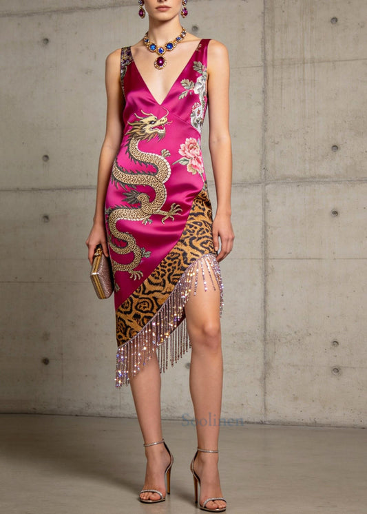 Boutique Rose Tasseled Low High Design Silk Tea Dresses Summer