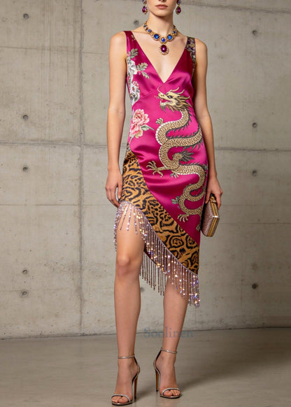 Boutique Rose Tasseled Low High Design Silk Tea Dresses Summer