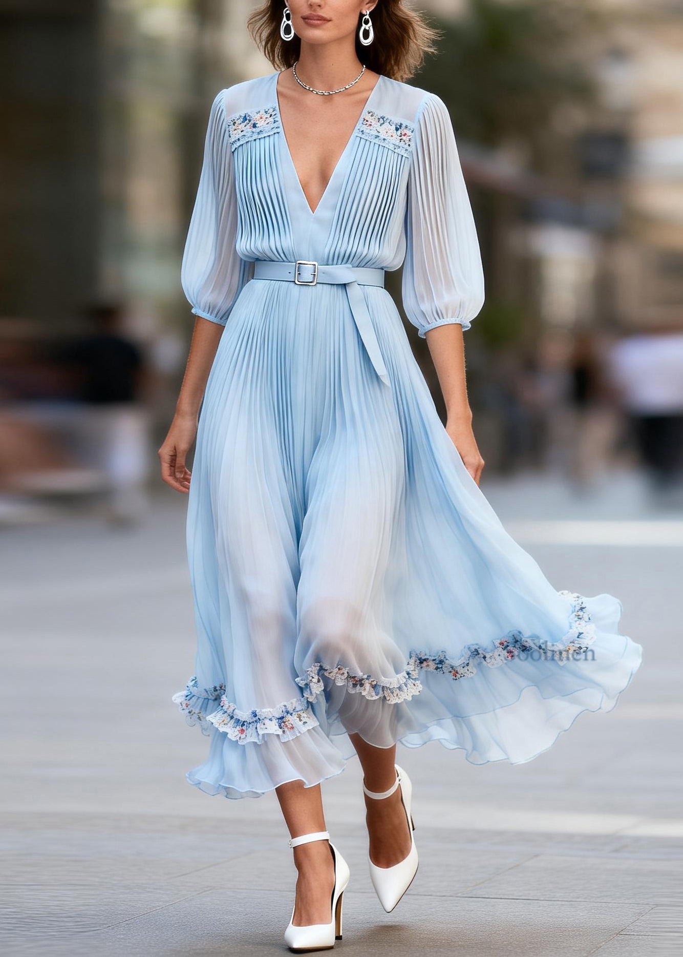 Boutique Ruffled Floral Patchwork Chiffon Maxi Dress Summer