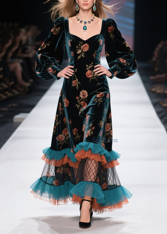 Vestido de terciopelo con patchwork y estampado de volantes de boutique para primavera