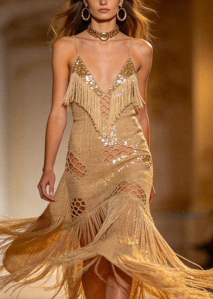 Boutique Sequins Tassel Patchwork Cotton Spaghetti Strap Dress Summer