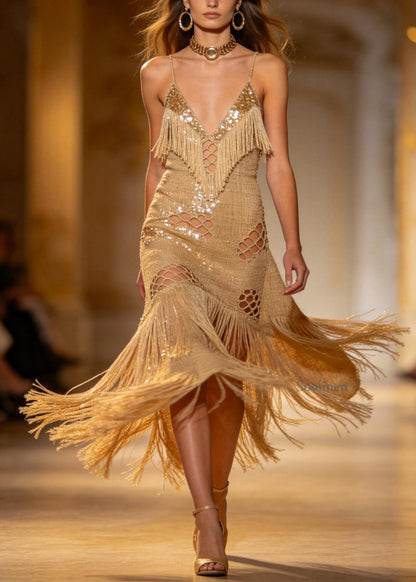 Boutique Sequins Tassel Patchwork Cotton Spaghetti Strap Dress Summer