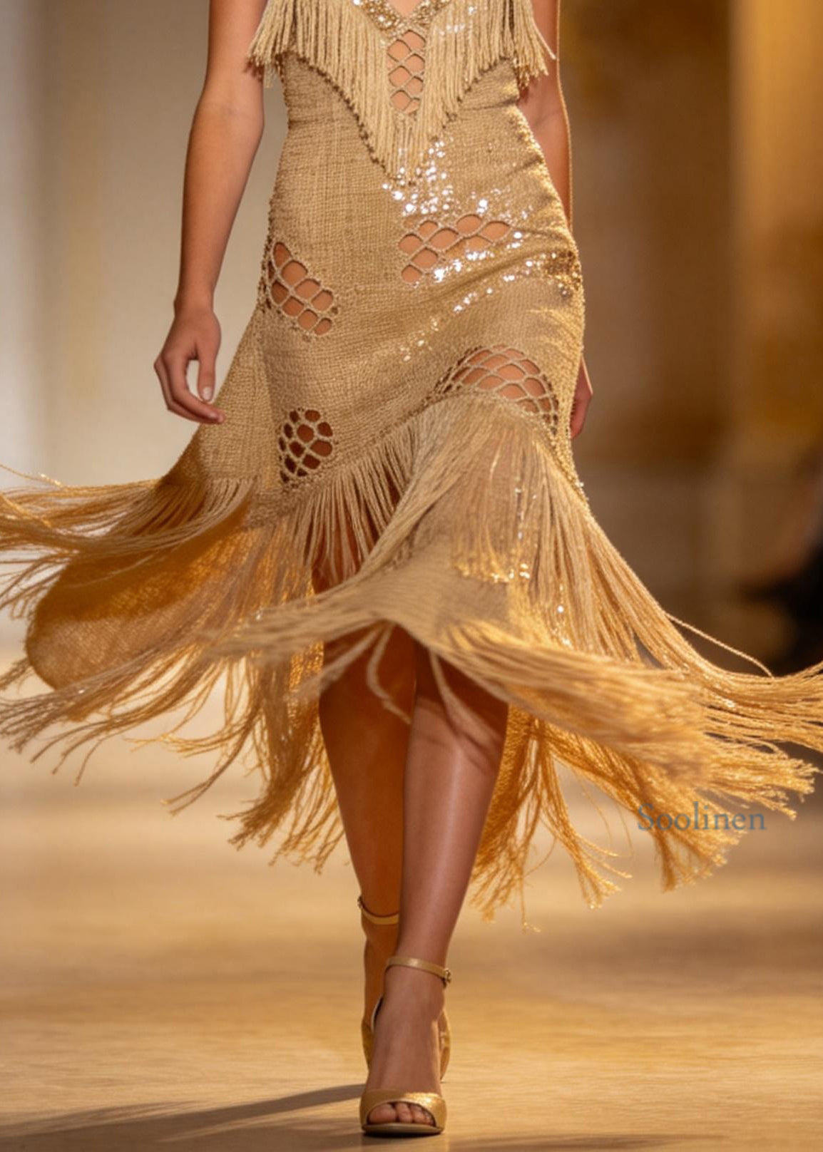 Boutique Sequins Tassel Patchwork Cotton Spaghetti Strap Dress Summer