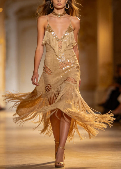 Boutique Sequins Tassel Patchwork Cotton Spaghetti Strap Dress Summer