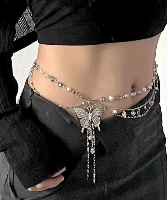 Boutique Seide Metall Schmetterling Perle Mehrschichtige Quaste Lasso Halskette