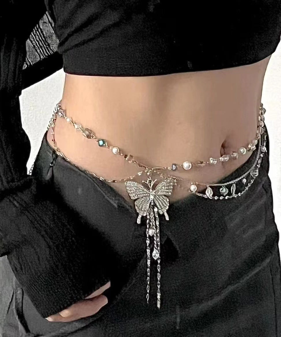 Boutique Seide Metall Schmetterling Perle Mehrschichtige Quaste Lasso Halskette