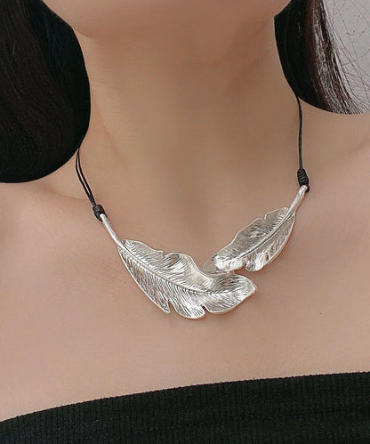 Boutique Silk Metal Feather Leather Rope Pendant Necklace