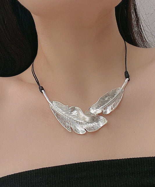 Boutique Silk Metal Feather Leather Rope Pendant Necklace