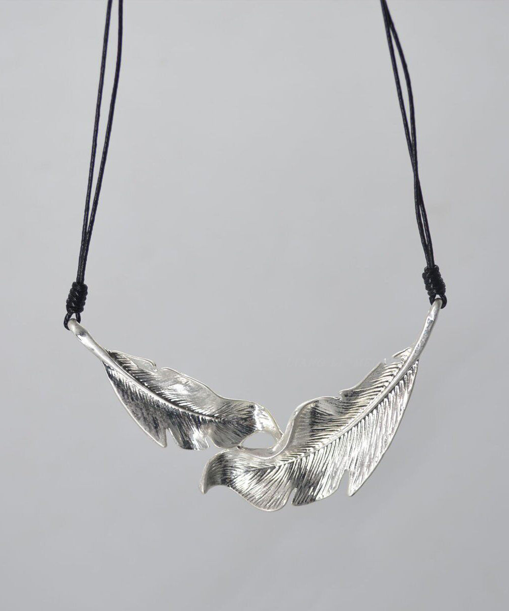 Boutique Silk Metal Feather Leather Rope Pendant Necklace