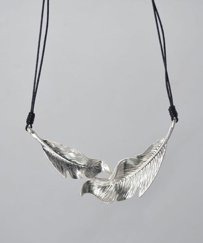 Boutique Silk Metal Feather Leather Rope Pendant Necklace