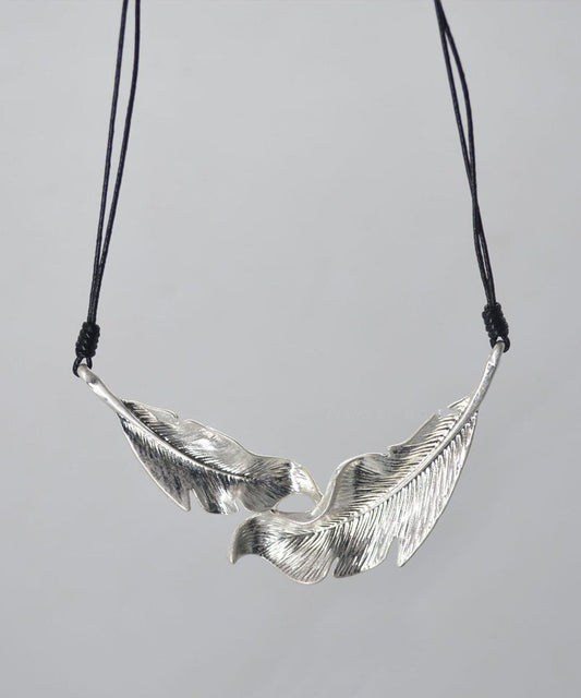 Boutique Silk Metal Feather Leather Rope Pendant Necklace