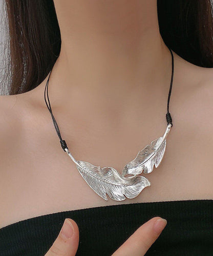 Boutique Silk Metal Feather Leather Rope Pendant Necklace