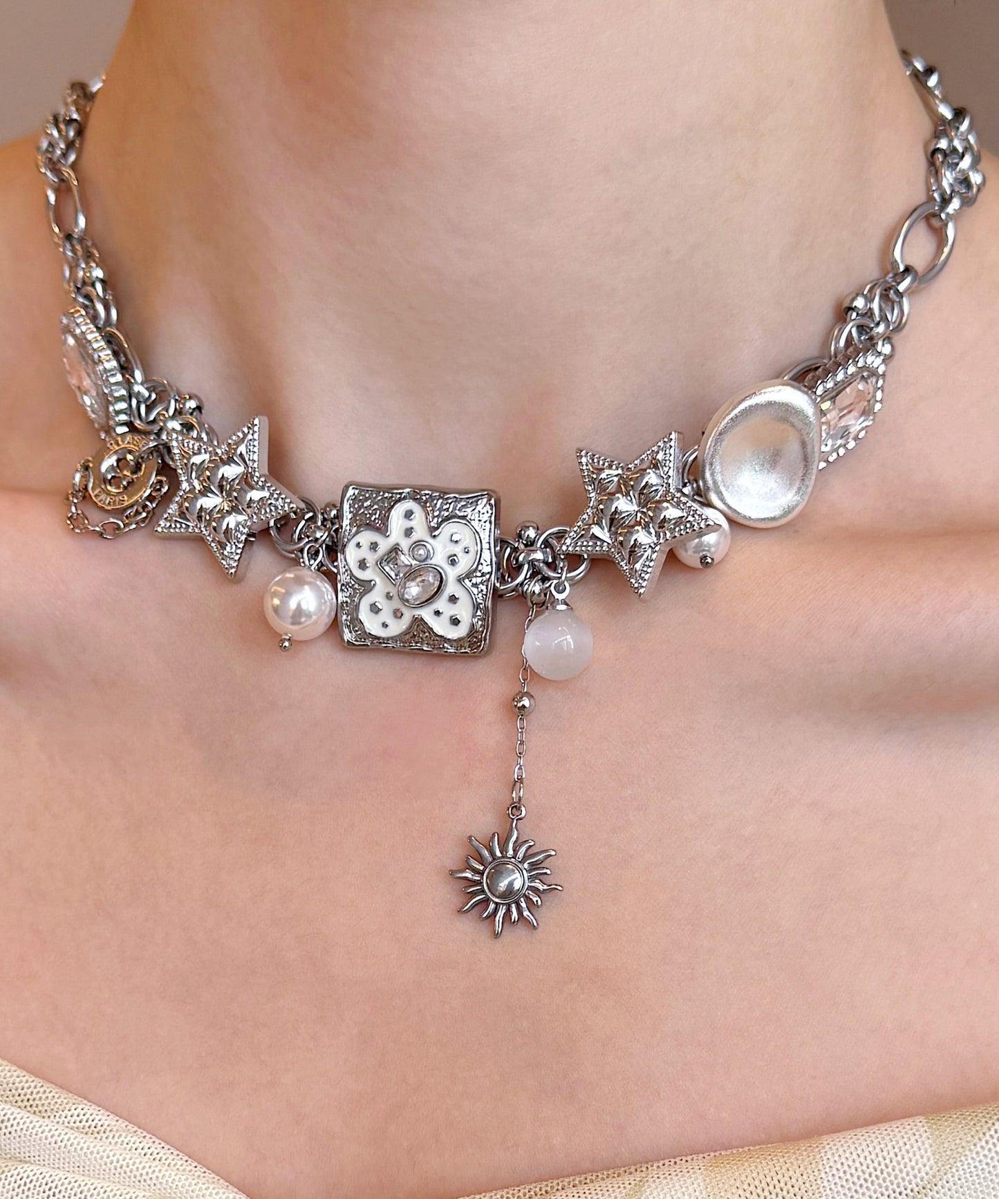 Boutique Silk Stainless Steel Floral Star Pearl Cat's Eye Pendant Necklace