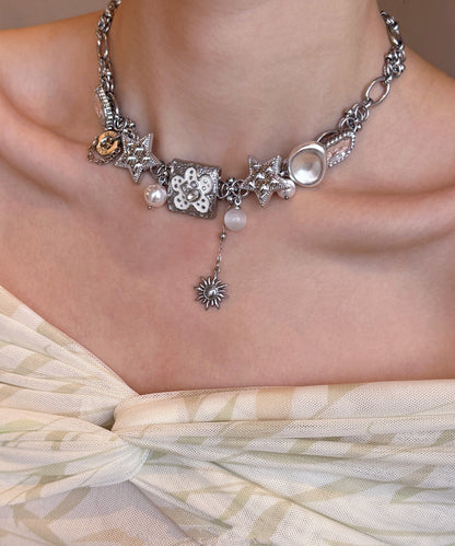 Boutique Silk Stainless Steel Floral Star Pearl Cat's Eye Pendant Necklace