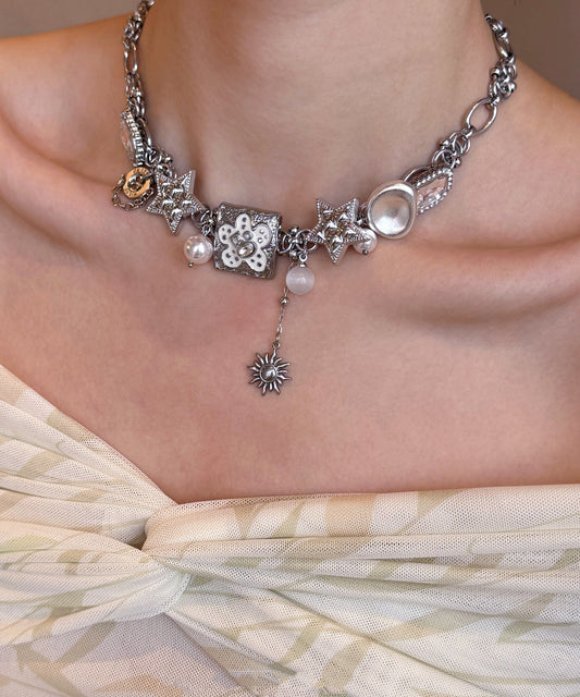 Boutique Silk Stainless Steel Floral Star Pearl Cat's Eye Pendant Necklace