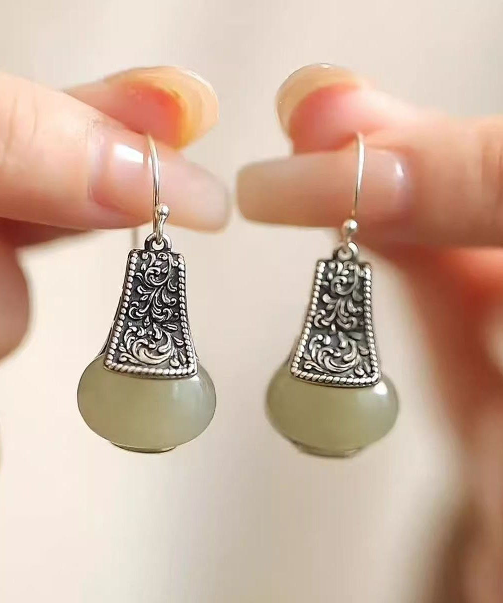 Pendientes colgantes de jade con incrustaciones de plata de ley y seda de boutique