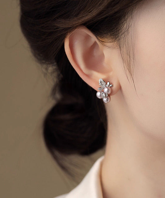 Boutique Silk Sterling Silver Zircon Grape Pearl Stud Earrings