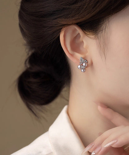 Boutique Silk Sterling Silver Zircon Grape Pearl Stud Earrings