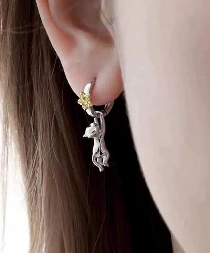 Boutique Silk Sterling Silver Zircon The Cat Picking Stars Drop Earrings